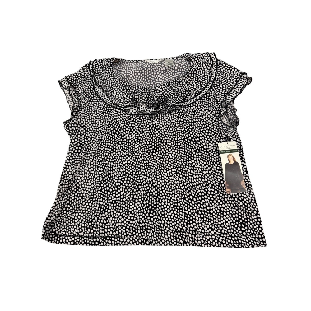 Laura Ashley Petite Trip Ready Knits Top Black White Dot Ruffle Neck PL MSRP $58